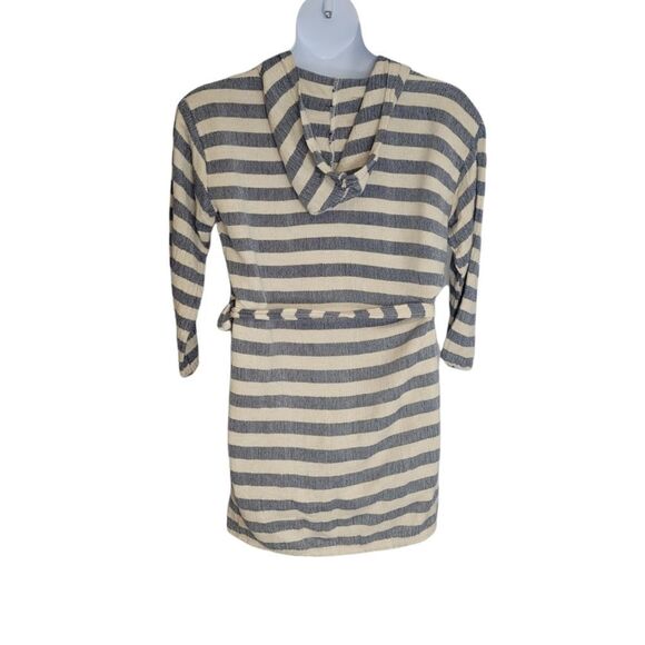 Striped robe‎ ivory and blue woven hooded cardigan with tie belt and pockets L - Picture 2 of 6